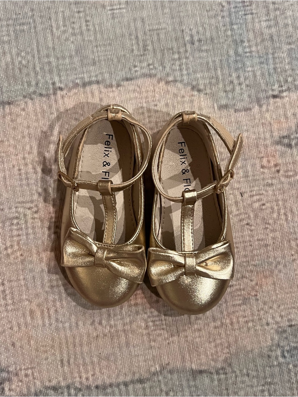 Kids' Gold T-Strap Bow Shoes